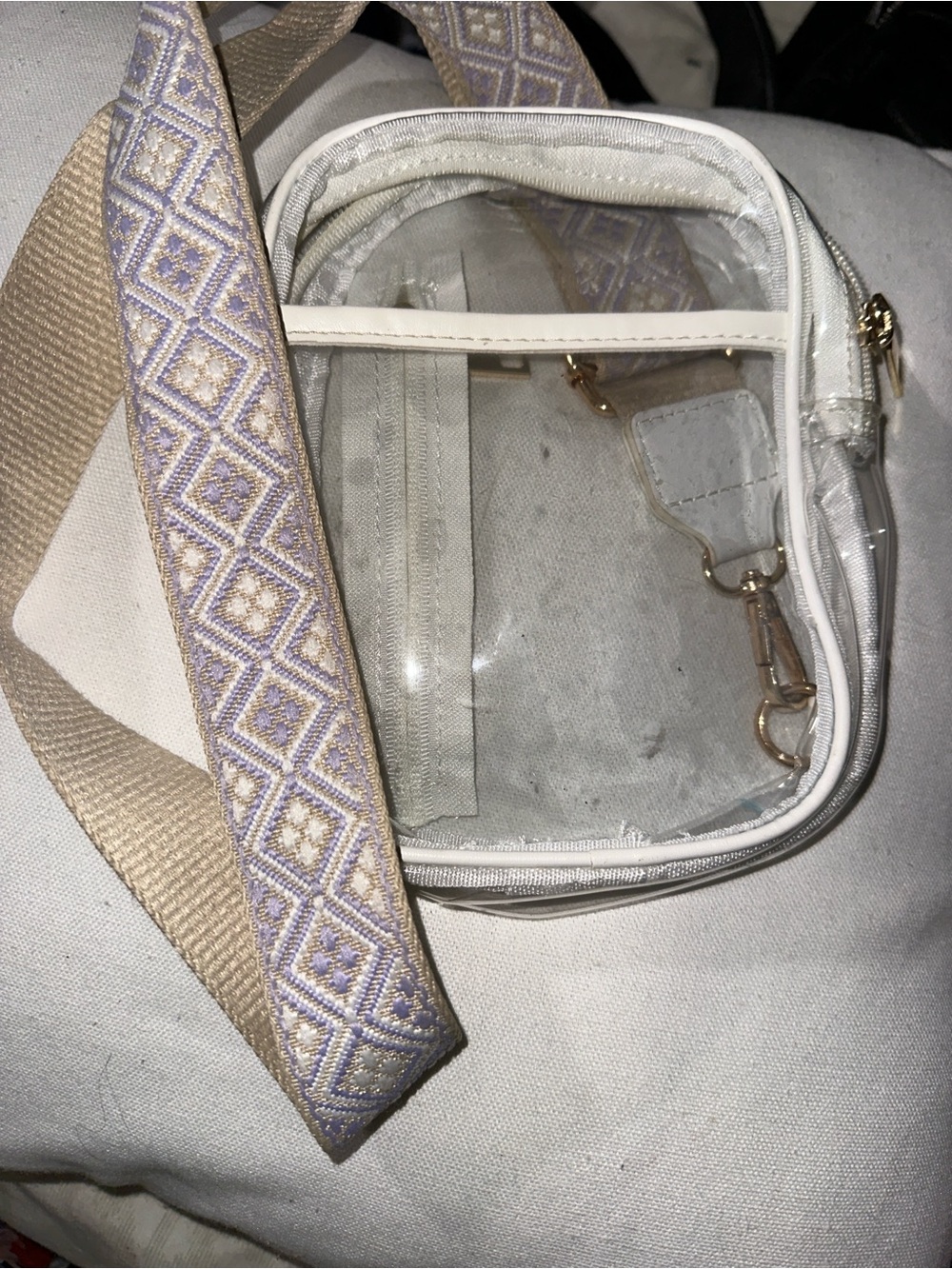 Clear Crossbody Bag with Lavender Diamond Strap - White